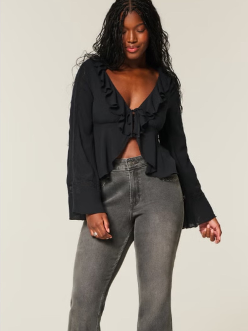 Hollister Black Long Sleeve Ruffle Babydoll Blouse with Lace Trim and Tie Close